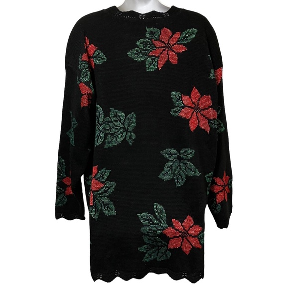 Vintage Holiday Time Metallic Poinsettia Black Christmas Sweater - Picture 7 of 12